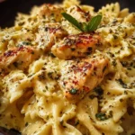 Mozzarella Garlic Butter Chicken Bowties served in creamy sauce