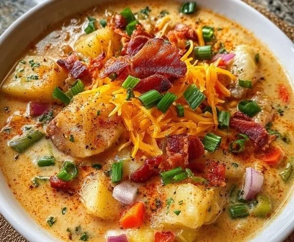 Delicious Cajun Potato Soup with spices and potatoes served in a bowl.