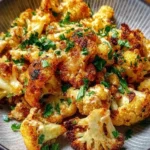 Roasted Moroccan Cauliflower drizzled with tahini and honey on a plate